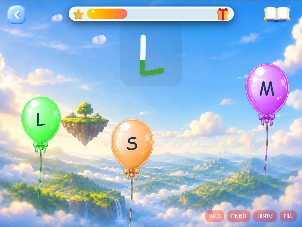 Skärmbild från spelet Fånga bokstäver med ballonger i skyn